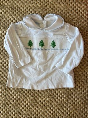 White Long-Sleeve Kids Top with Green Christmas Tree Smocking